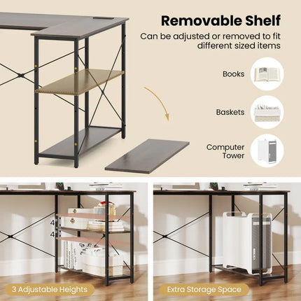 L-shaped 47 Inch Reversible Corner Desk with Adjustable Storage Shelves-Gray - Gray - L-Shaped Desks