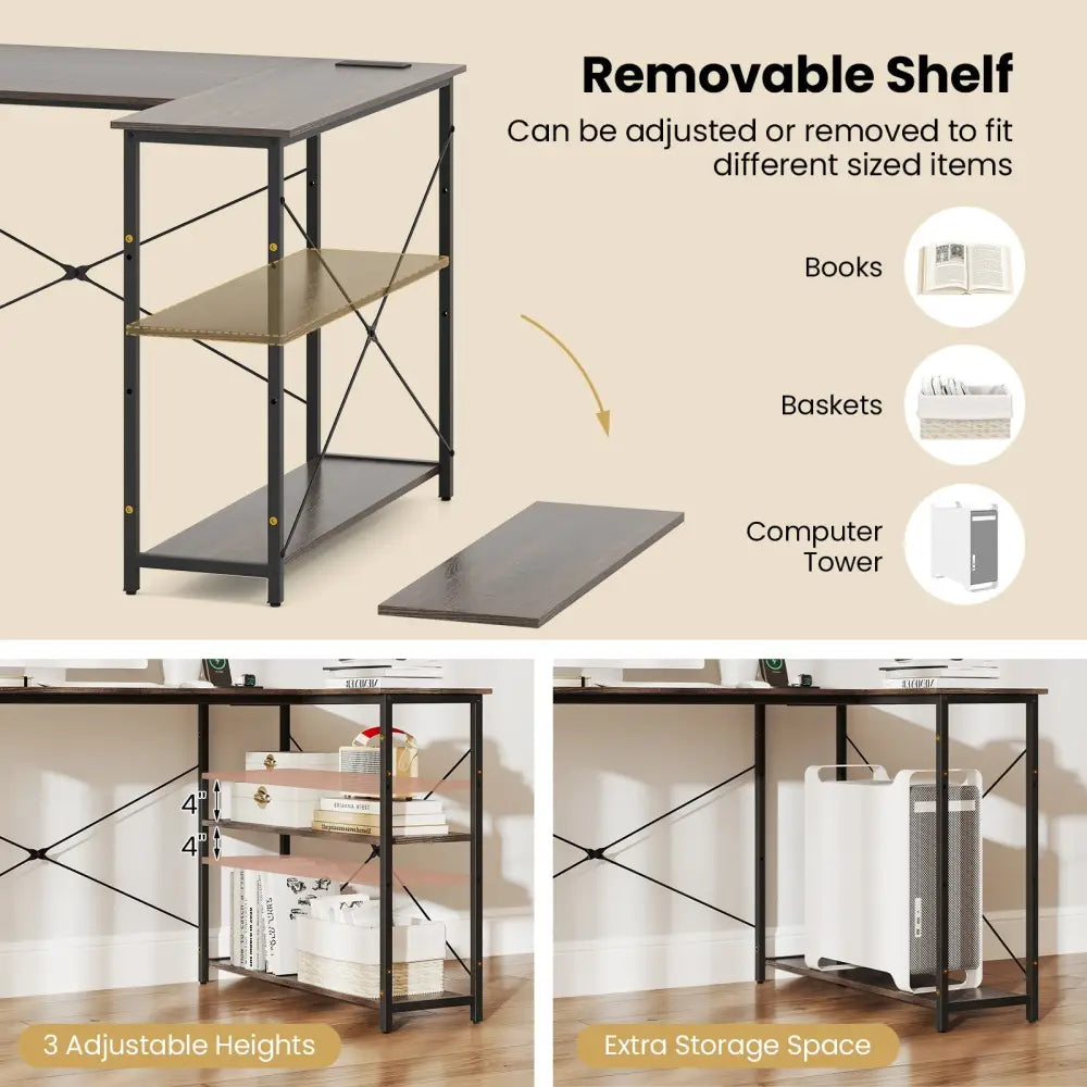 L-shaped 47 Inch Reversible Corner Desk with Adjustable Storage Shelves-Gray - Gray - L-Shaped Desks