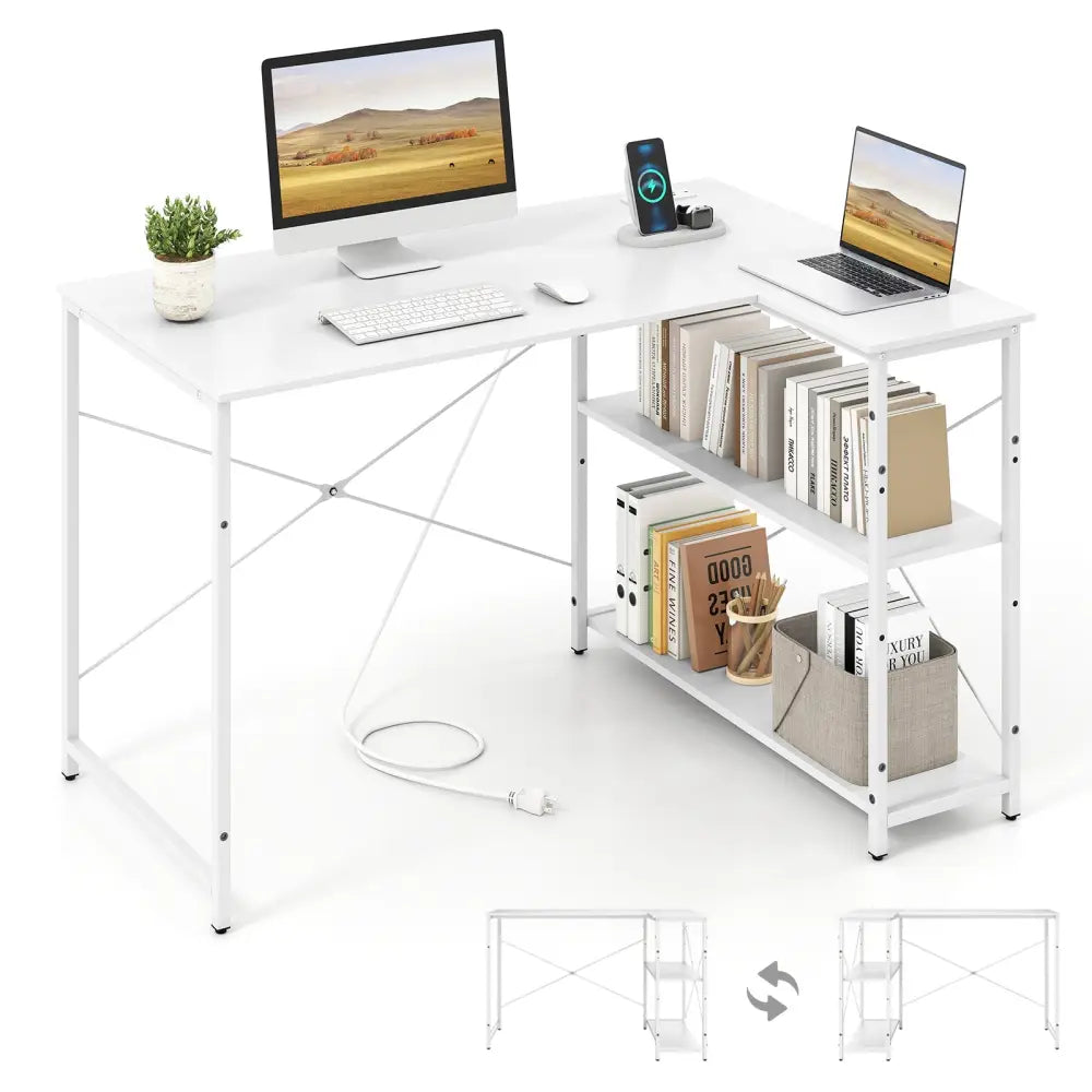 L-shaped 47 Inch Reversible Corner Desk with Adjustable Storage Shelves-White - White - L-Shaped Desks