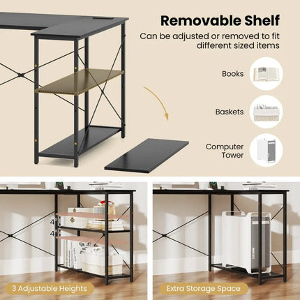 L-shaped 47 Inch Reversible Corner Desk with Adjustable Storage Shelves-Black - Black - L-Shaped Desks