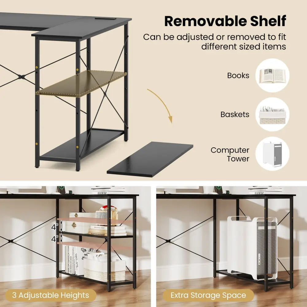 L-shaped 47 Inch Reversible Corner Desk with Adjustable Storage Shelves-Black - Black - L-Shaped Desks