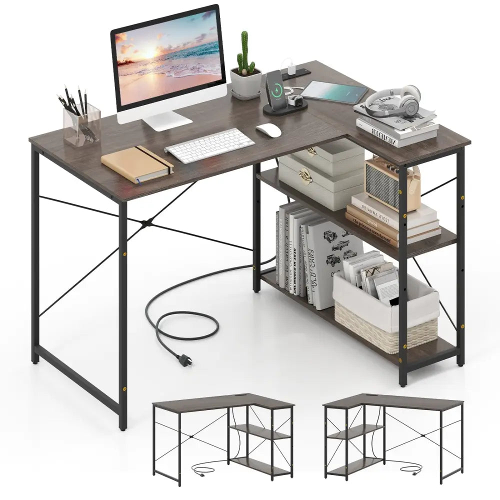 L-shaped 47 Inch Reversible Corner Desk with Adjustable Storage Shelves-Gray - Gray - L-Shaped Desks
