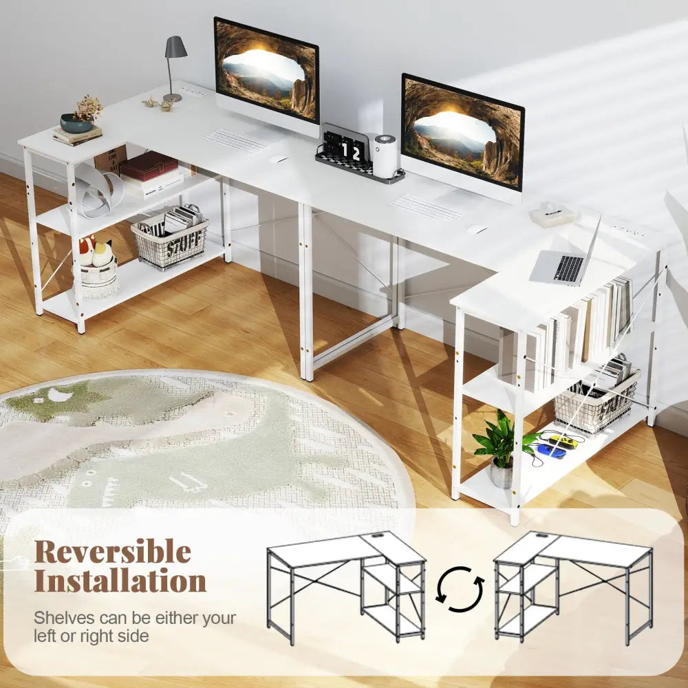 L-shaped 47 Inch Reversible Corner Desk with Adjustable Storage Shelves-White - White - L-Shaped Desks