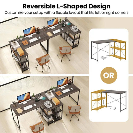 L-shaped 47 Inch Reversible Corner Desk with Adjustable Storage Shelves-Gray - Gray - L-Shaped Desks