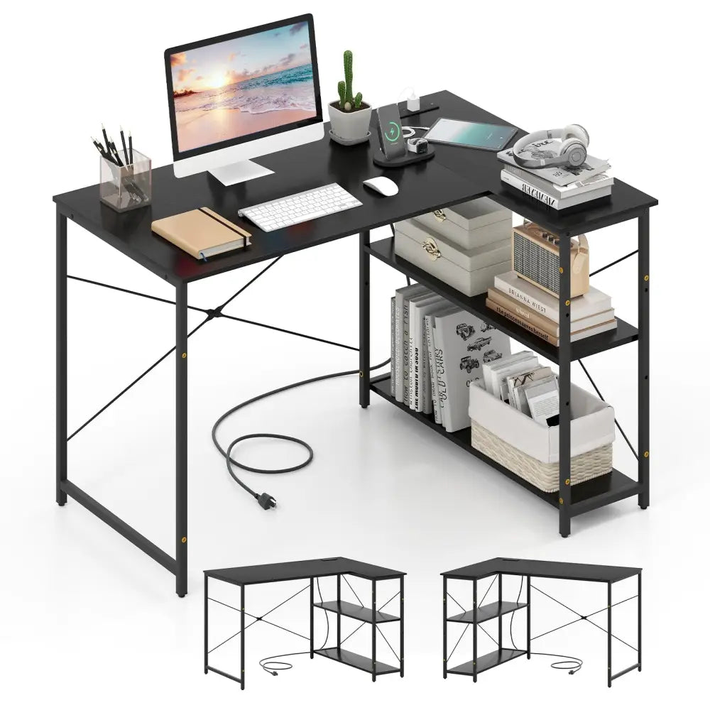 L-shaped 47 Inch Reversible Corner Desk with Adjustable Storage Shelves-Black - Black - L-Shaped Desks