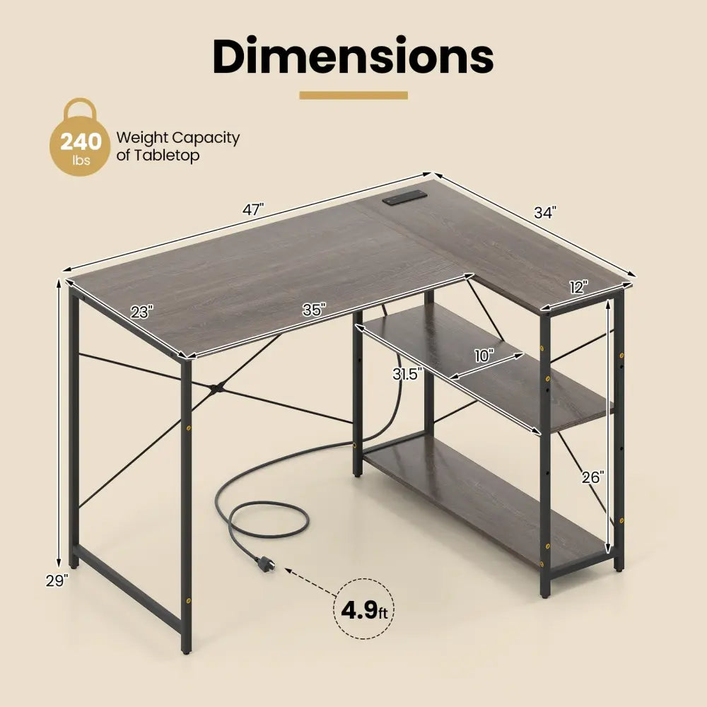 L-shaped 47 Inch Reversible Corner Desk with Adjustable Storage Shelves-Gray - Gray - L-Shaped Desks