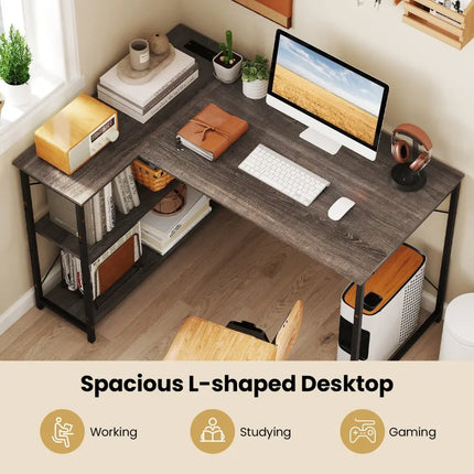 L-shaped 47 Inch Reversible Corner Desk with Adjustable Storage Shelves-Gray - Gray - L-Shaped Desks