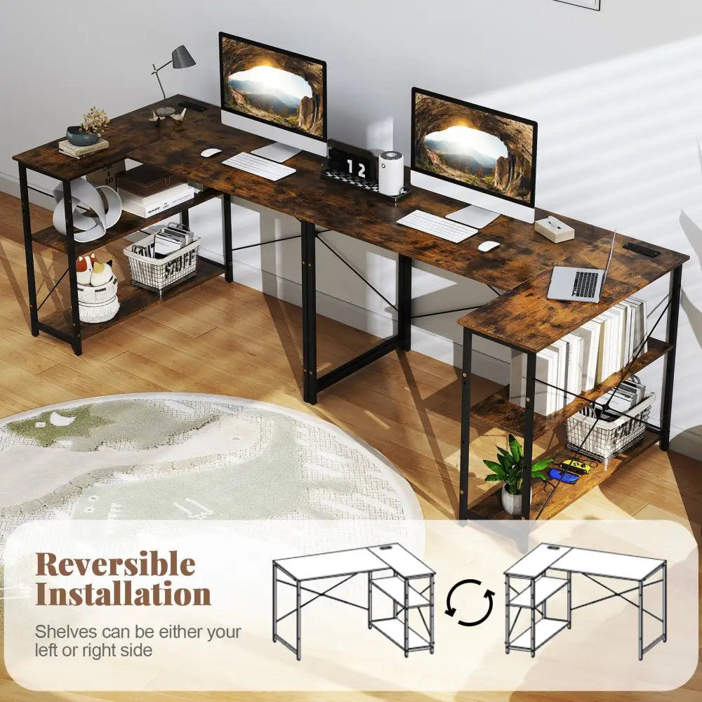 L-shaped 47 Inch Reversible Corner Desk with Adjustable Storage Shelves-Rustic Brown - Rustic Brown - L-Shaped Desks