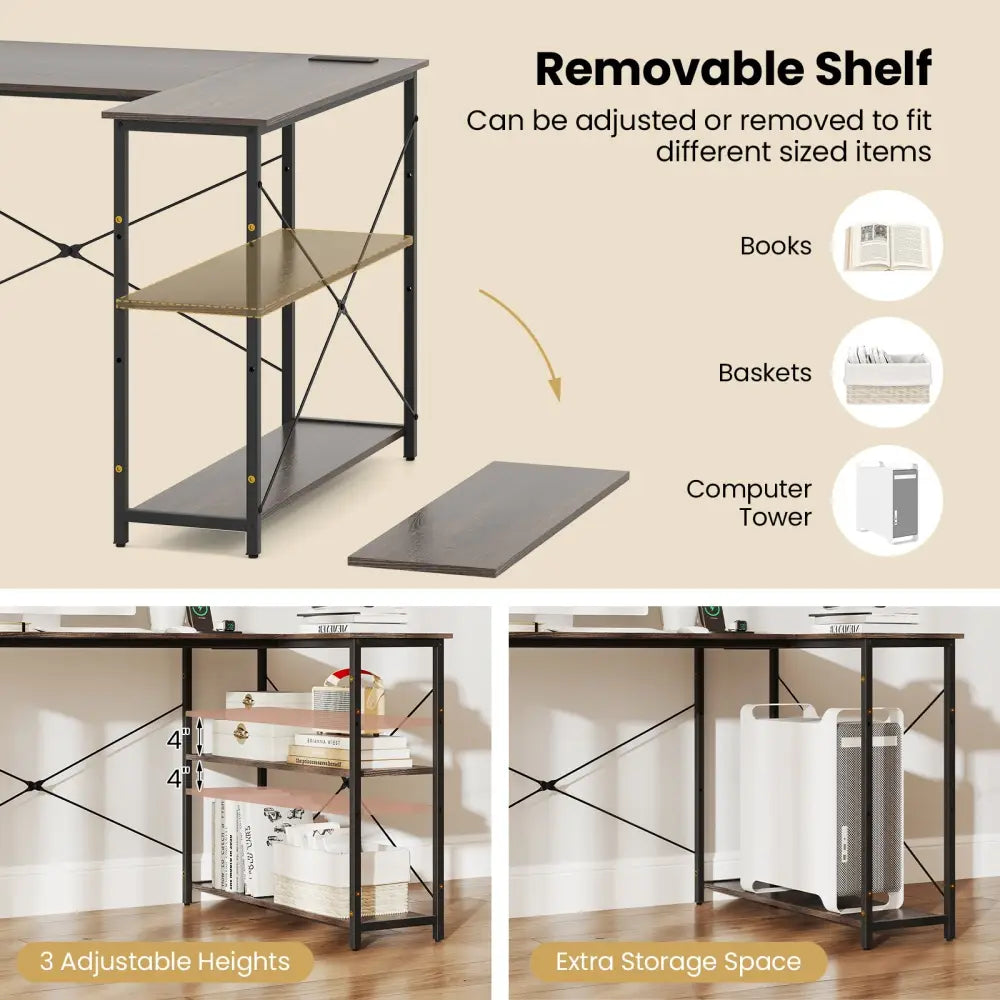 L-shaped 47 Inch Reversible Corner Desk with Adjustable Storage Shelves-Gray - Gray - L-Shaped Desks