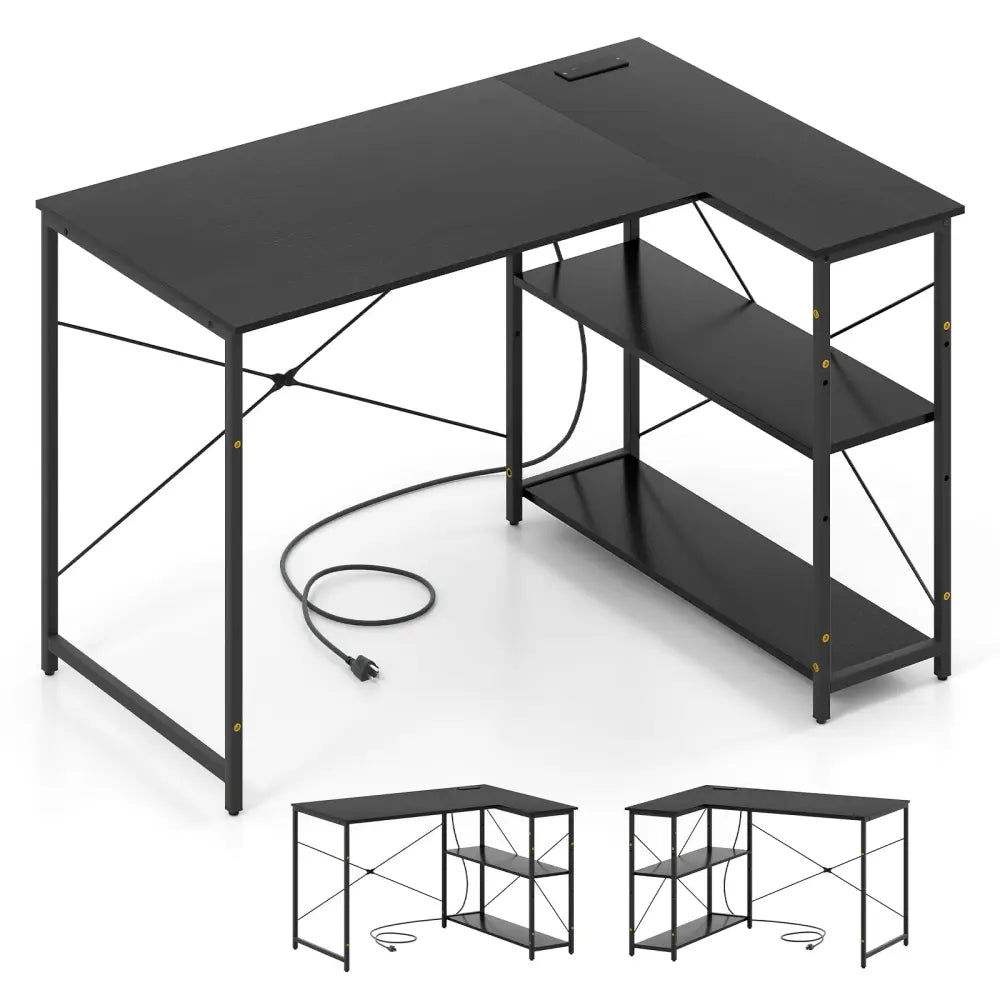 L-shaped 47 Inch Reversible Corner Desk with Adjustable Storage Shelves-Black - Black - L-Shaped Desks