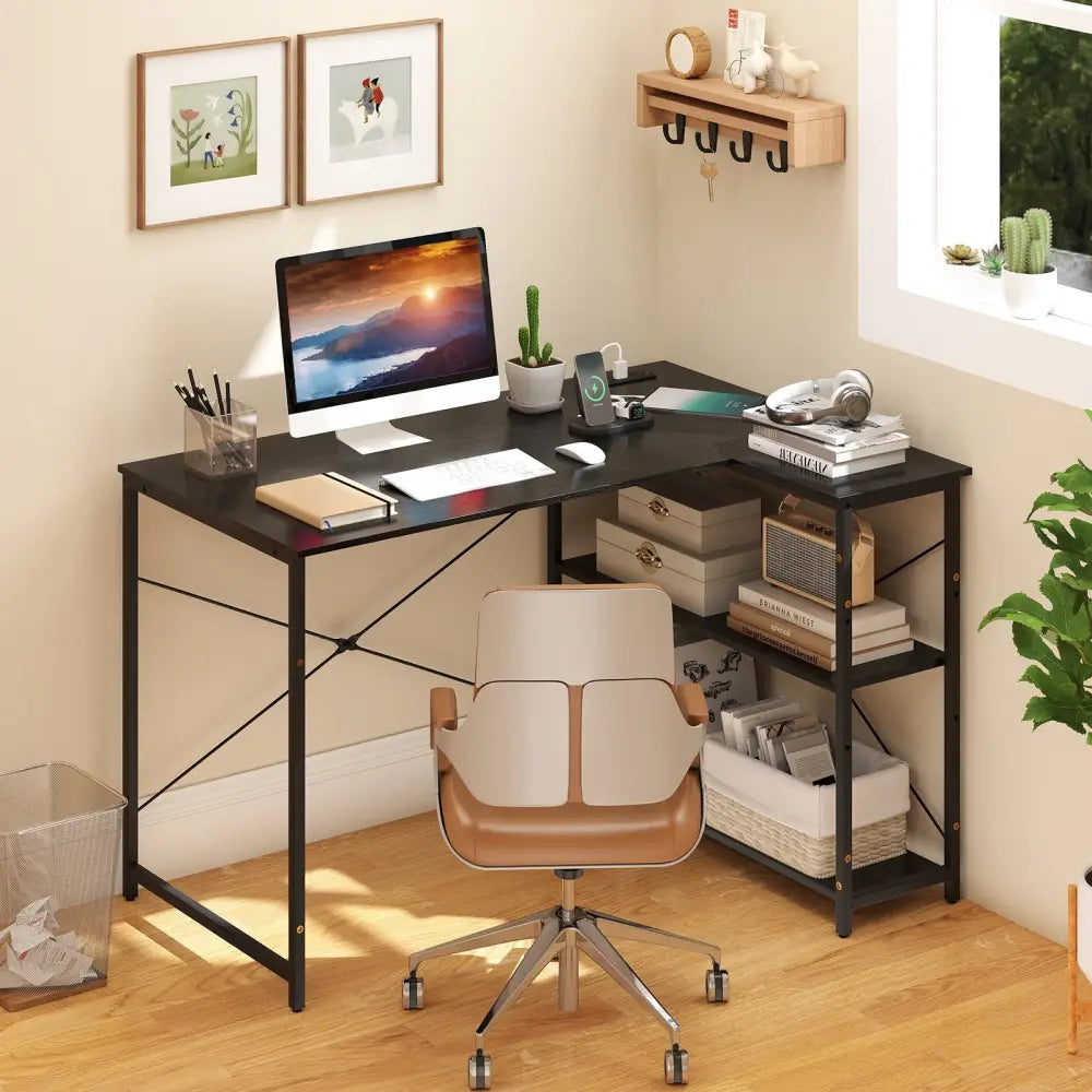 L-shaped 47 Inch Reversible Corner Desk with Adjustable Storage Shelves-Black - Black - L-Shaped Desks