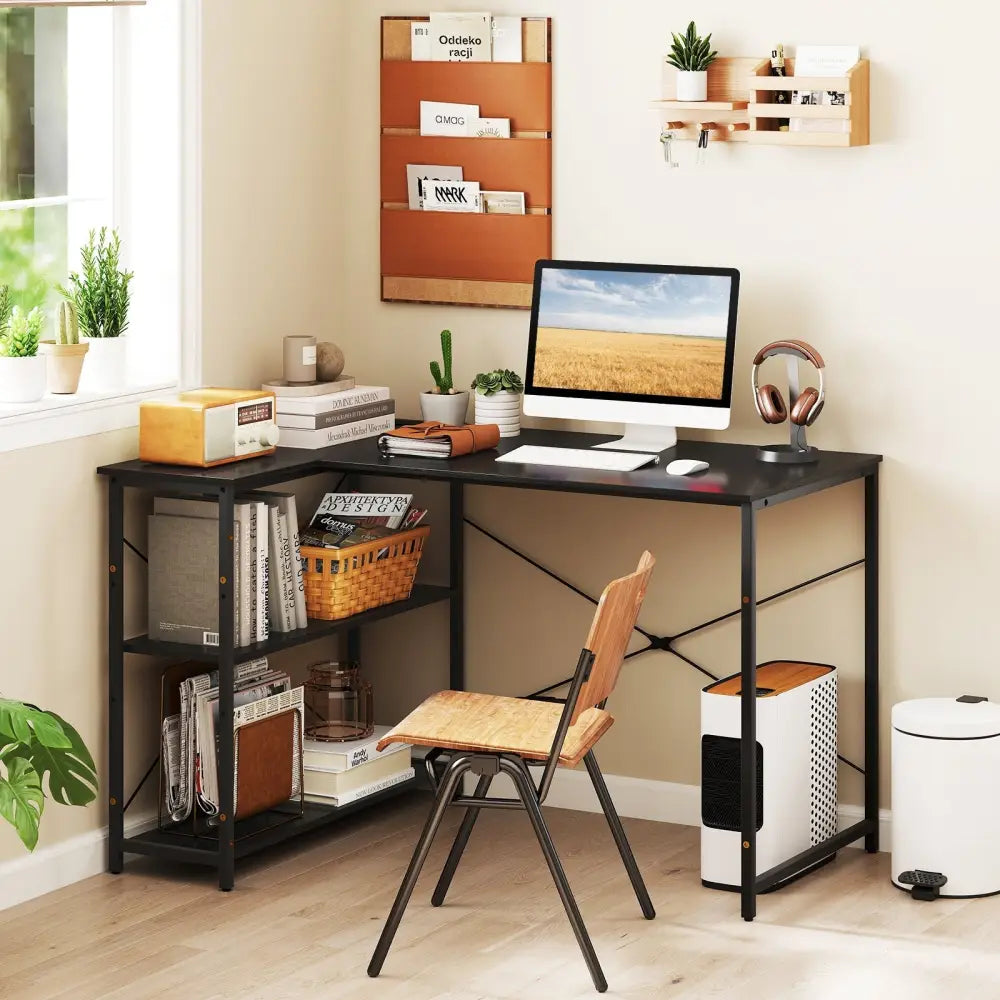 L-shaped 47 Inch Reversible Corner Desk with Adjustable Storage Shelves-Black - Black - L-Shaped Desks