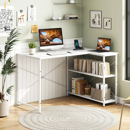 L-shaped 47 Inch Reversible Corner Desk with Adjustable Storage Shelves-White - White - L-Shaped Desks