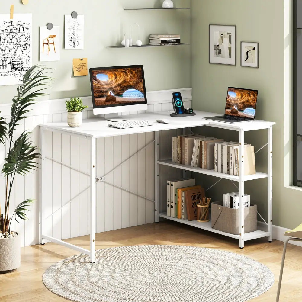 L-shaped 47 Inch Reversible Corner Desk with Adjustable Storage Shelves-White - White - L-Shaped Desks