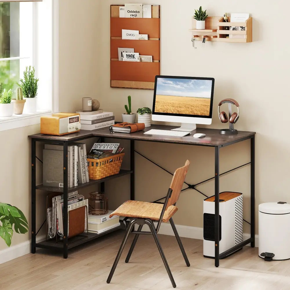 L-shaped 47 Inch Reversible Corner Desk with Adjustable Storage Shelves-Gray - Gray - L-Shaped Desks