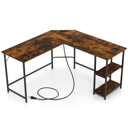 L Shaped Computer Desk with 2 Outlets and 2 USB Ports-Brown - Brown - L-Shaped Desks