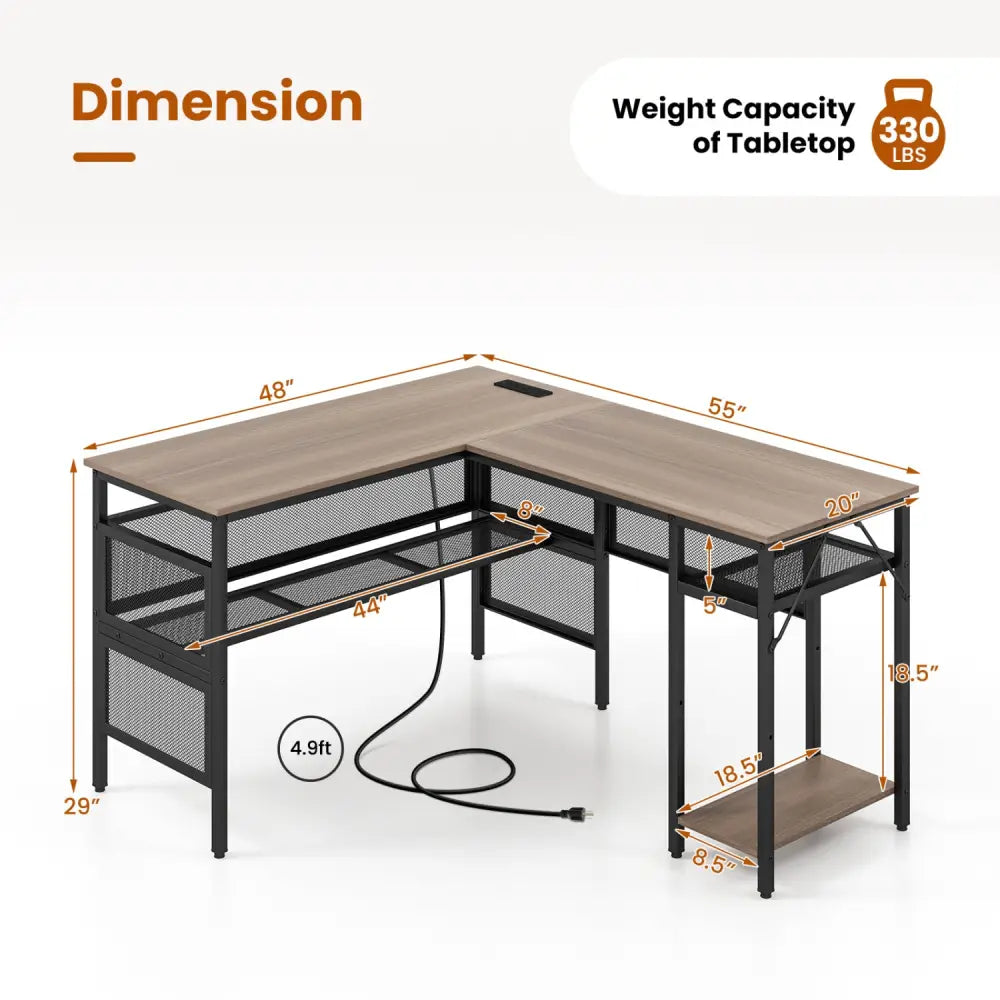 L-Shaped Computer Desk with Charging Station and Adjustable Shelf-Gray - Gray - L-Shaped Desks