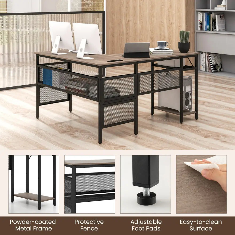 L-Shaped Computer Desk with Charging Station and Adjustable Shelf-Gray - Gray - L-Shaped Desks
