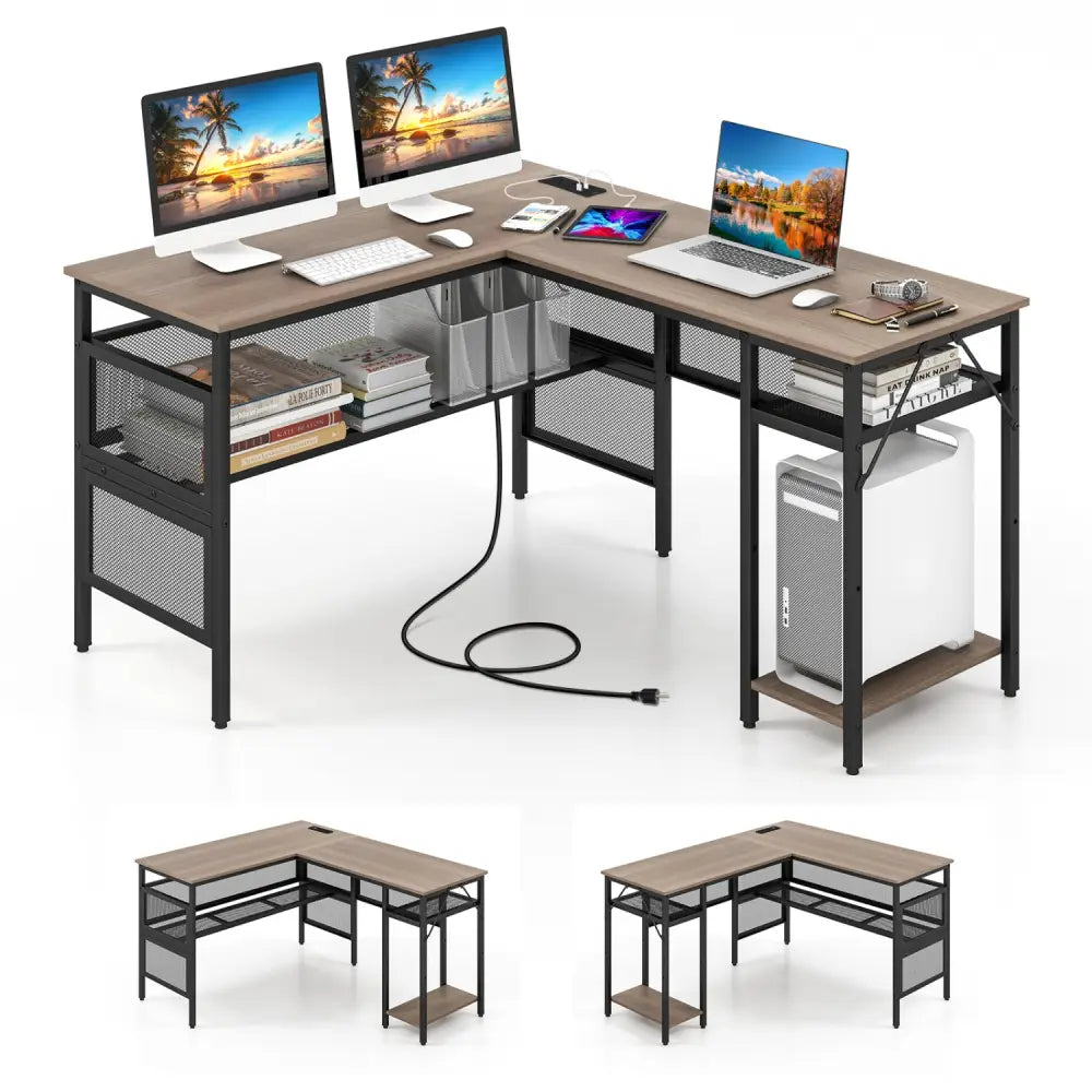 L-Shaped Computer Desk with Charging Station and Adjustable Shelf-Gray - Gray - L-Shaped Desks