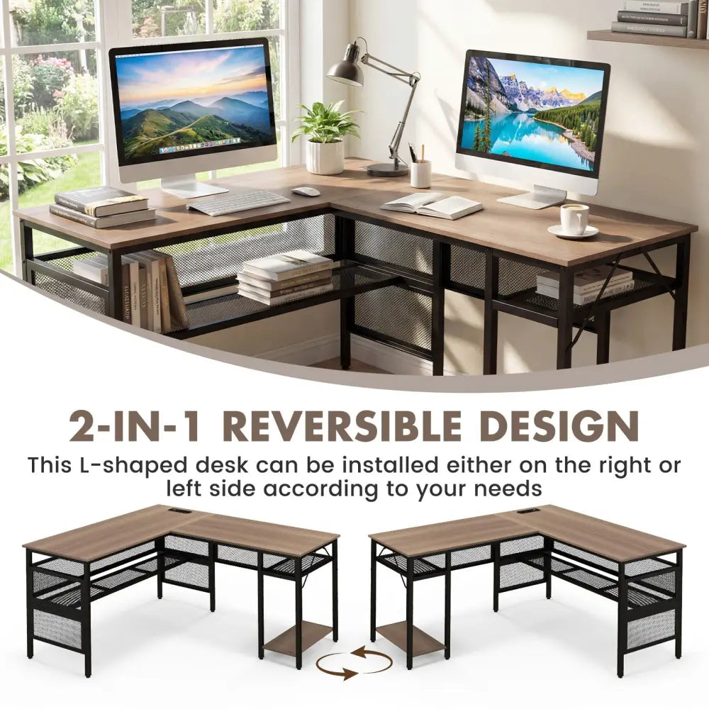 L-Shaped Computer Desk with Charging Station and Adjustable Shelf-Gray - Gray - L-Shaped Desks