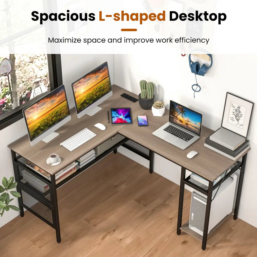 L-Shaped Computer Desk with Charging Station and Adjustable Shelf-Gray - Gray - L-Shaped Desks