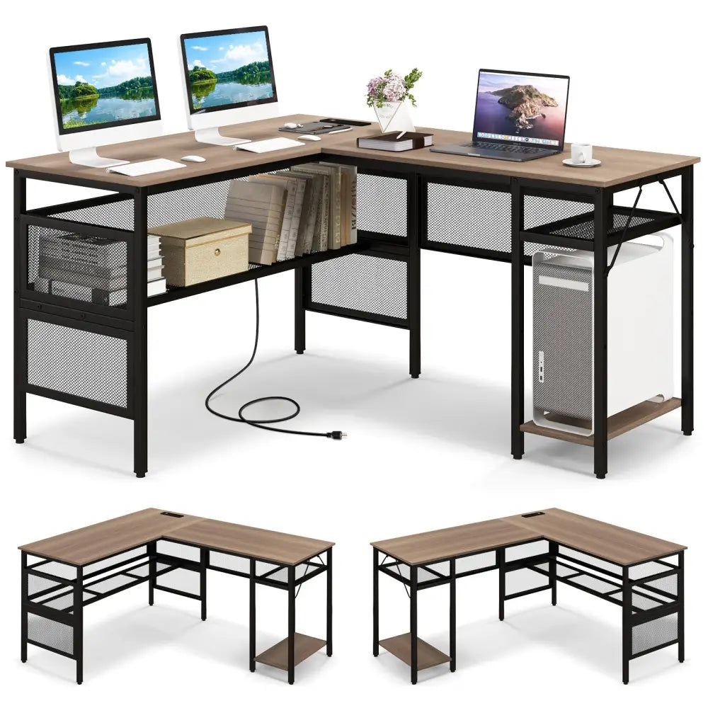 L-Shaped Computer Desk with Charging Station and Adjustable Shelf-Gray - Gray - L-Shaped Desks