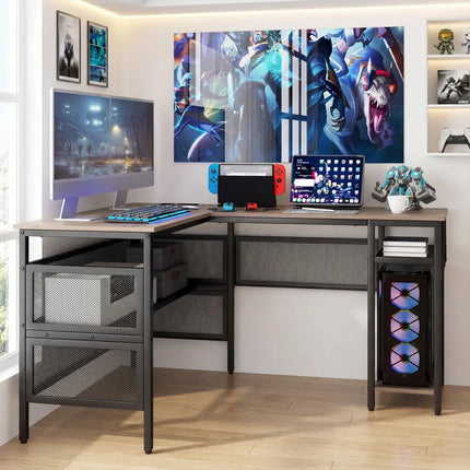L-Shaped Computer Desk with Charging Station and Adjustable Shelf-Gray - Gray - L-Shaped Desks