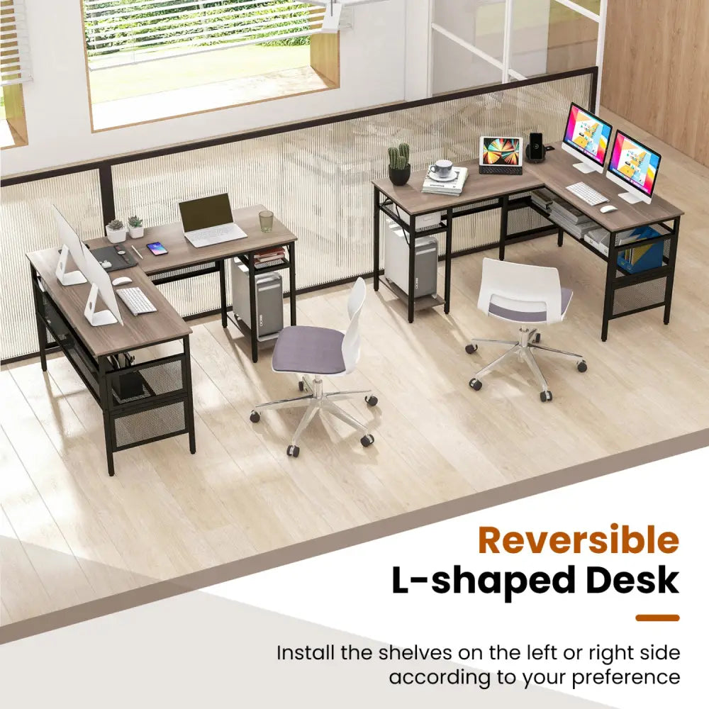 L-Shaped Computer Desk with Charging Station and Adjustable Shelf-Gray - Gray - L-Shaped Desks