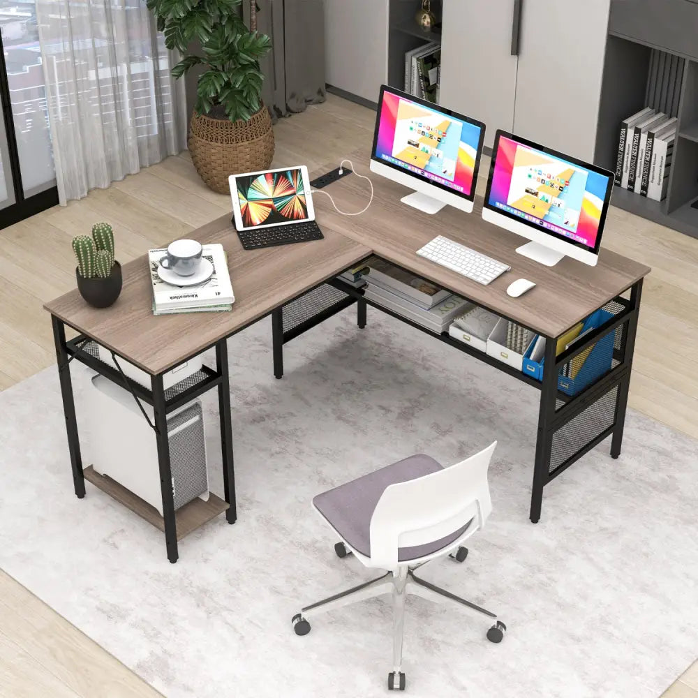 L-Shaped Computer Desk with Charging Station and Adjustable Shelf-Gray - Gray - L-Shaped Desks