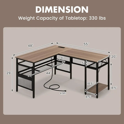 L-Shaped Computer Desk with Charging Station and Adjustable Shelf-Gray - Gray - L-Shaped Desks