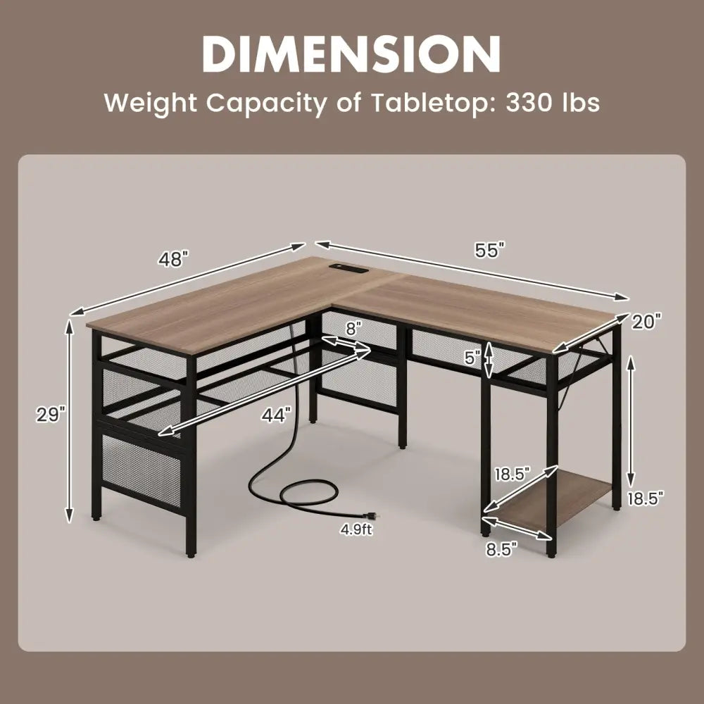 L-Shaped Computer Desk with Charging Station and Adjustable Shelf-Gray - Gray - L-Shaped Desks