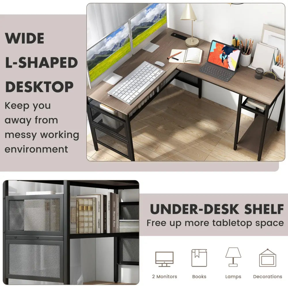 L-Shaped Computer Desk with Charging Station and Adjustable Shelf-Gray - Gray - L-Shaped Desks
