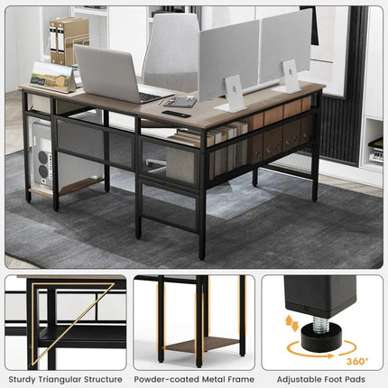 L-Shaped Computer Desk with Charging Station and Adjustable Shelf-Gray - Gray - L-Shaped Desks