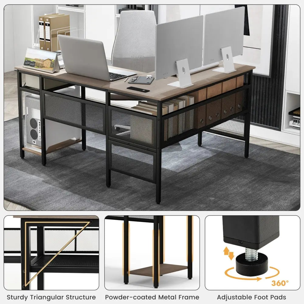 L-Shaped Computer Desk with Charging Station and Adjustable Shelf-Gray - Gray - L-Shaped Desks