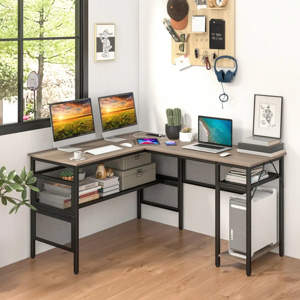 L-Shaped Computer Desk with Charging Station and Adjustable Shelf-Gray - Gray - L-Shaped Desks