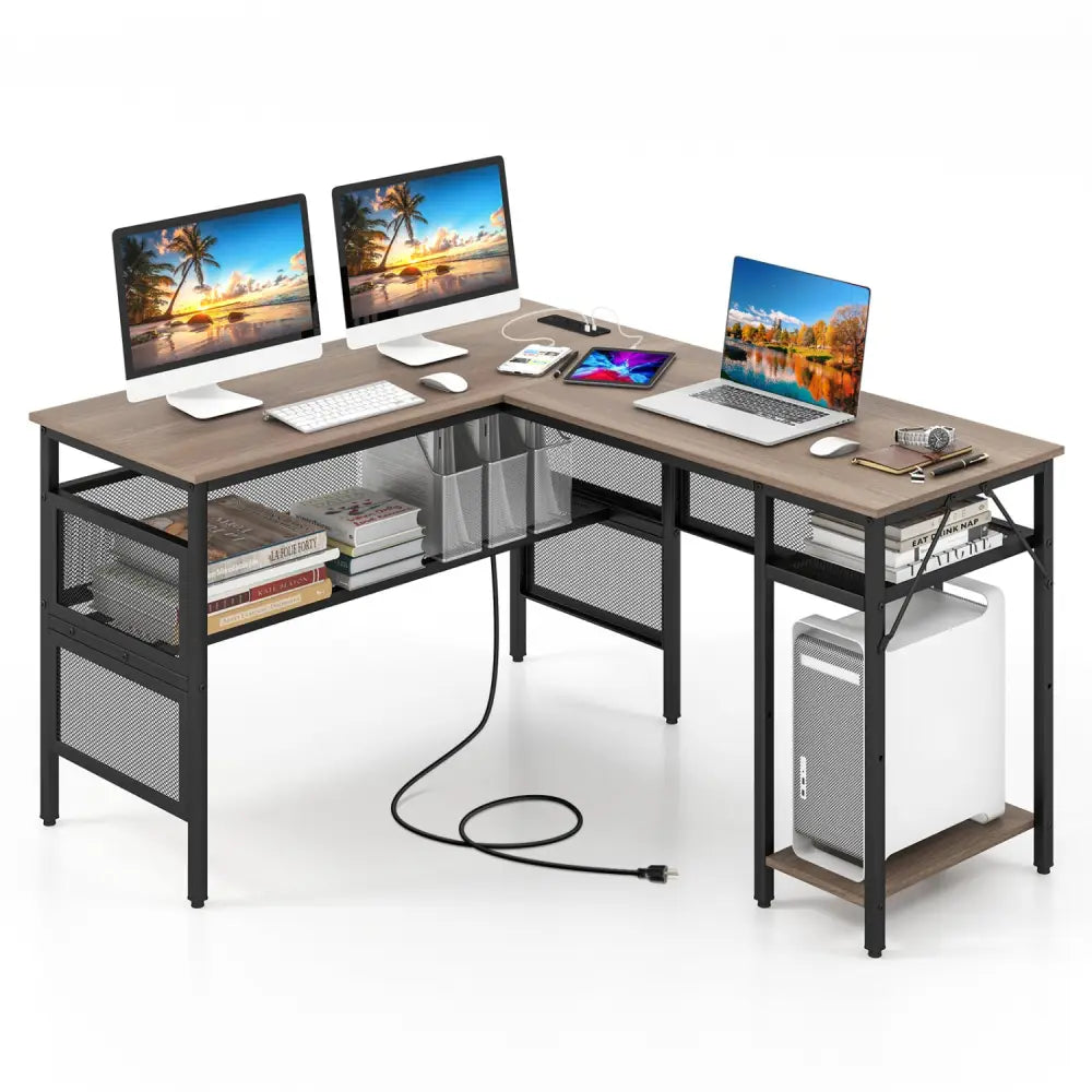 L-Shaped Computer Desk with Charging Station and Adjustable Shelf-Gray - Gray - L-Shaped Desks