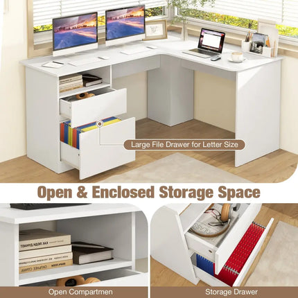 L-Shaped Computer Desk with Letter File Drawer-White - White - L-Shaped Desks