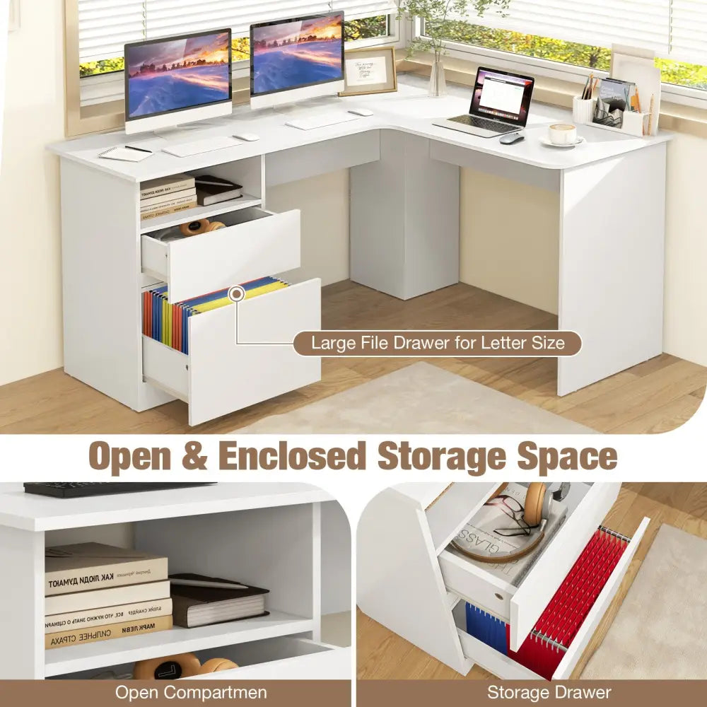 L-Shaped Computer Desk with Letter File Drawer-White - White - L-Shaped Desks