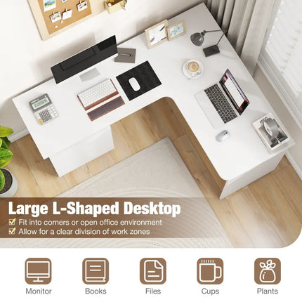 L-Shaped Computer Desk with Letter File Drawer-White - White - L-Shaped Desks