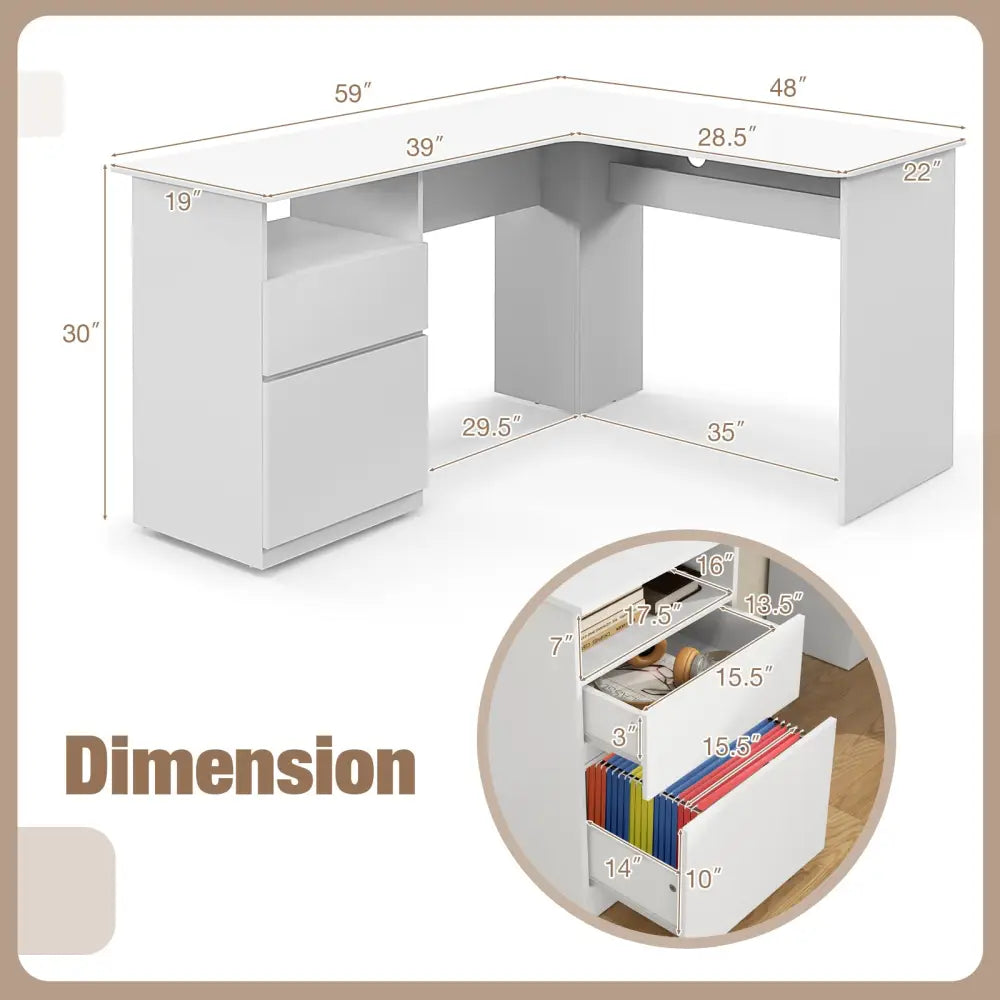 L-Shaped Computer Desk with Letter File Drawer-White - White - L-Shaped Desks
