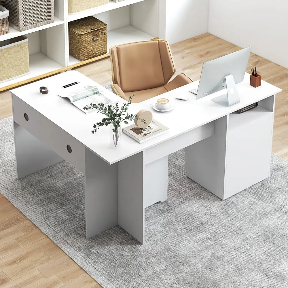 L-Shaped Computer Desk with Letter File Drawer-White - White - L-Shaped Desks