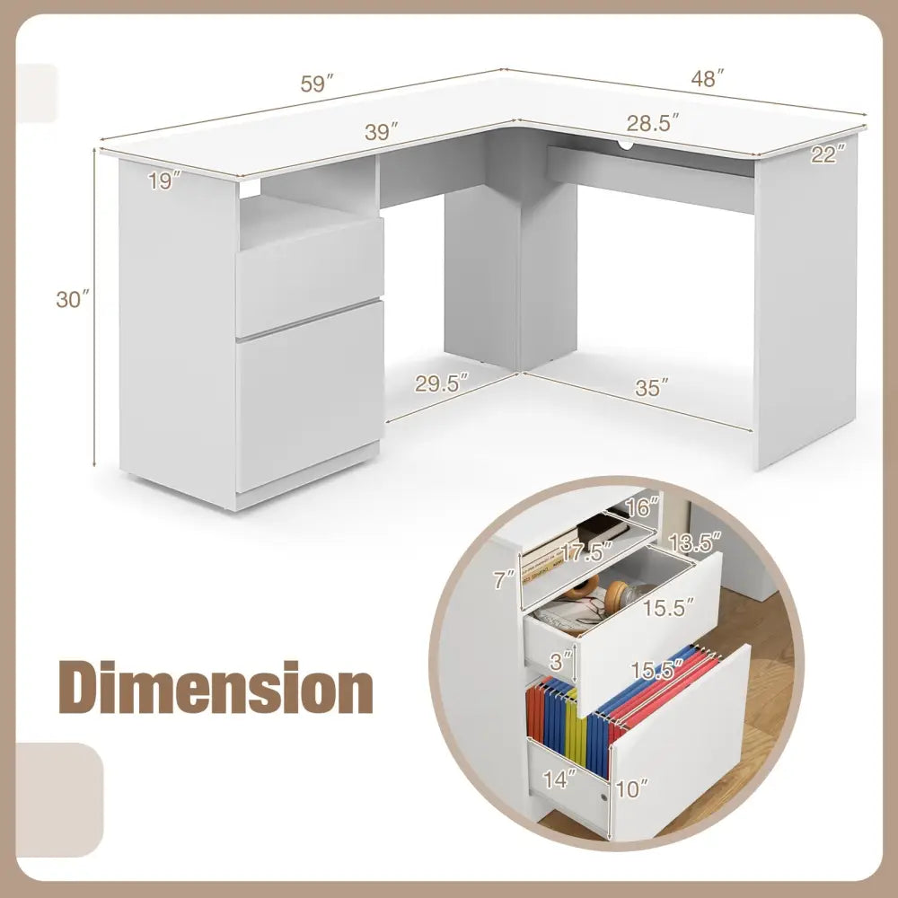 L-Shaped Computer Desk with Letter File Drawer-White - White - L-Shaped Desks