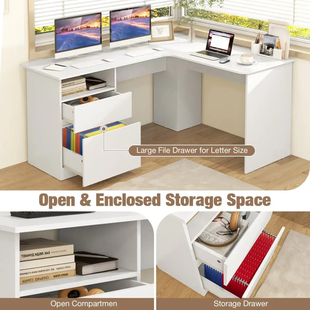 L-Shaped Computer Desk with Letter File Drawer-White - White - L-Shaped Desks
