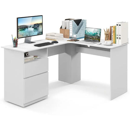 L-Shaped Computer Desk with Letter File Drawer-White - White - L-Shaped Desks