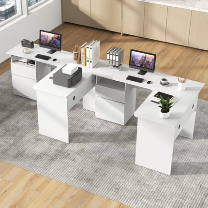 L-Shaped Computer Desk with Letter File Drawer-White - White - L-Shaped Desks
