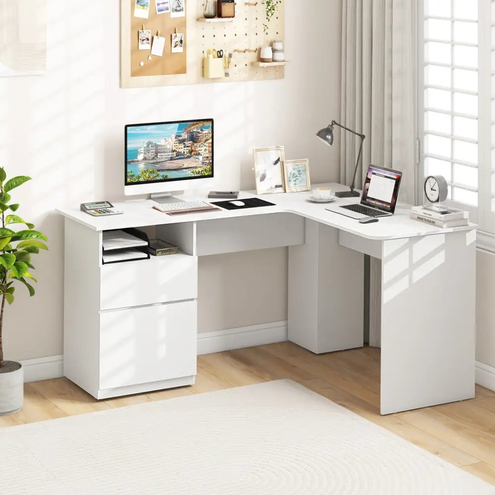 L-Shaped Computer Desk with Letter File Drawer-White - White - L-Shaped Desks