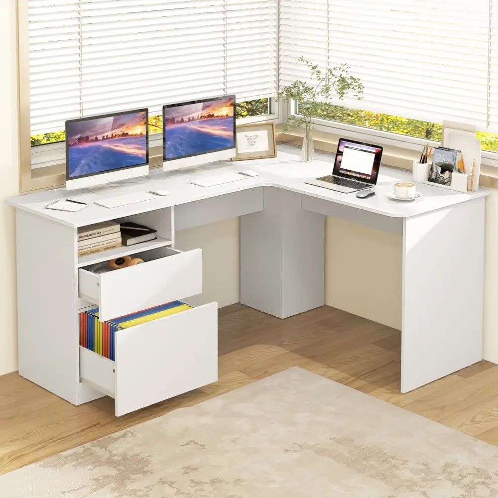 L-Shaped Computer Desk with Letter File Drawer-White - White - L-Shaped Desks