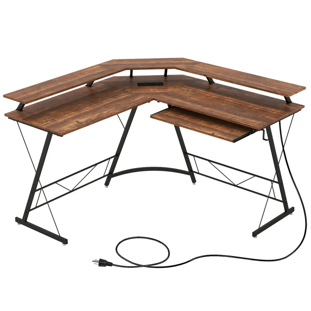 L-shaped Computer Desk with Power Outlet and Monitor Stand-Rustic Brown - Rustic Brown - L-Shaped Desks