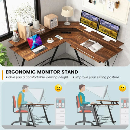 L-shaped Computer Desk with Power Outlet and Monitor Stand-Rustic Brown - Rustic Brown - L-Shaped Desks