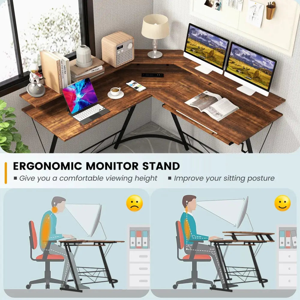 L-shaped Computer Desk with Power Outlet and Monitor Stand-Rustic Brown - Rustic Brown - L-Shaped Desks